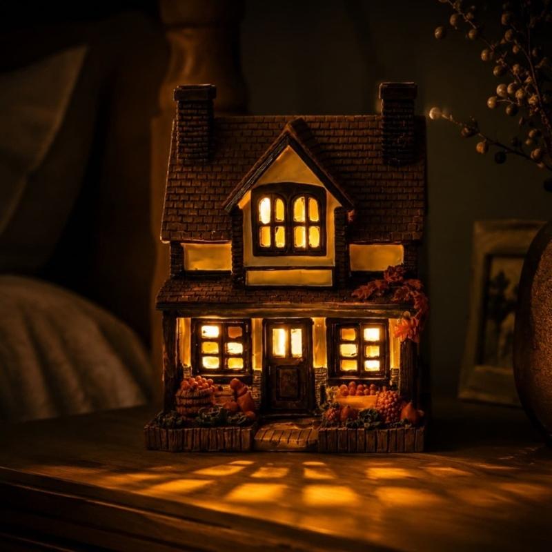 Lighted Pumpkin House Figurine Resin Cottage Statue Warm LED Lighted Decoration for Fall Table Centerpieces, Shelf Decors and Seasonal Home Display
