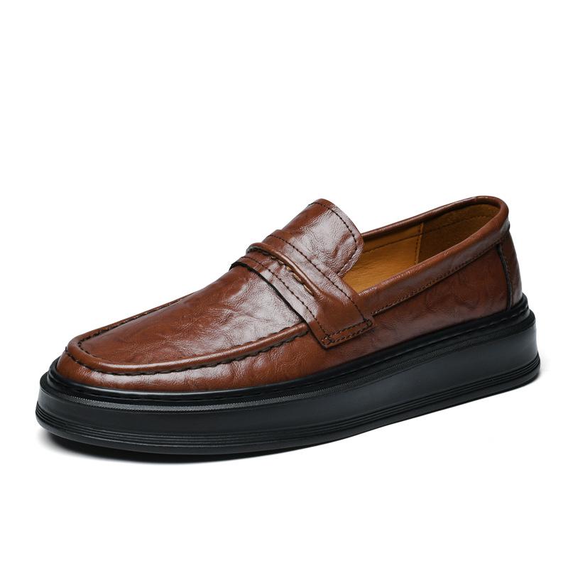 Men s White Round Toe Cowhide Leather Loafers - Casual, Trendy British Style, Thick Sole, Brown 44