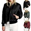 Women Coat Solid Color Stand Collar Zipper Cardigan Long Sleeves Warm Elastic Cuff Pockets Fall Jacket for Daily Wear