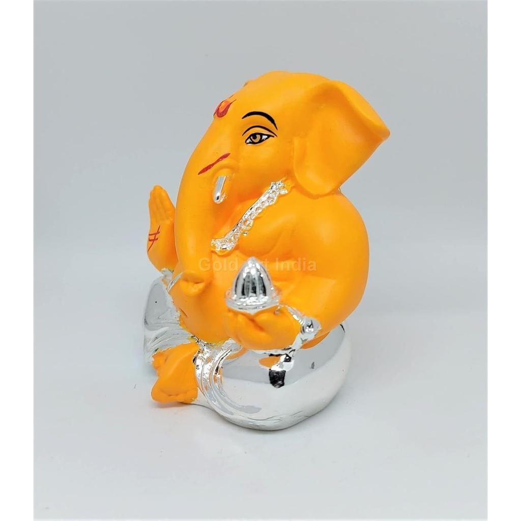 Silver Plated Appu Ganesh With Mango Terracotta (Silver Mango) Ganesh Idol For Car Dashboard Small Ganesha Murti Ganpati Idol For Home