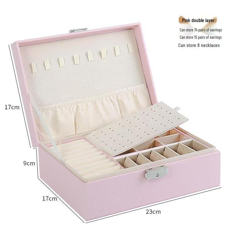 Double-Layer Lockable Jewelry and Ornaments Storage Box with Large Capacity 23x17x9cm