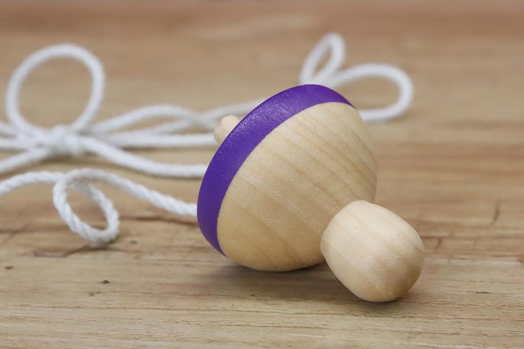 Miniature Japanese Traditional Wooden Toy Throwing Spinning Set of 3 each in and Tops, (1 red, green, purple)