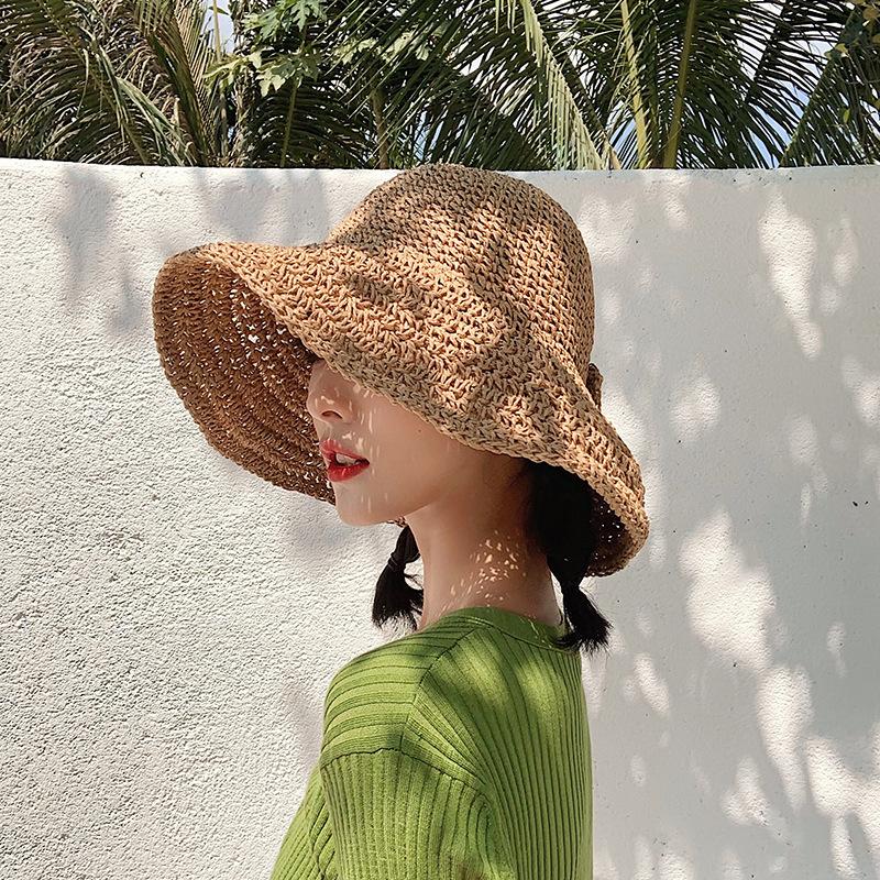 Summer Woven Breathable Sun Hat, Women's Foldable Beach Bucket Hat with Hollow-Out Design, Paper Crafted Non-Elastic Fisherman Cap for Vacation