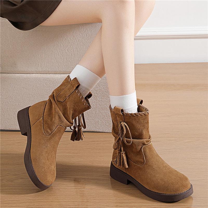 

Casual style autumn new tassel braided belt thick heel stack medium boots short boots Boken shoes increase height 34