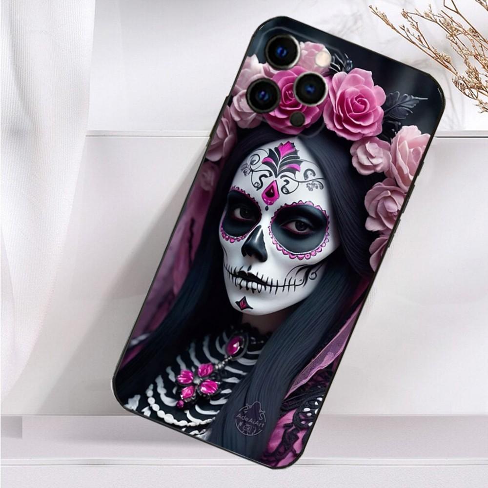 Mexican Catrina Skull Girl Phone Case For iPhone 16,15,14,13,12,11 Plus,Pro Max,XS,X,XR,SE,Mini,8,7 Soft Silicone Black Cover