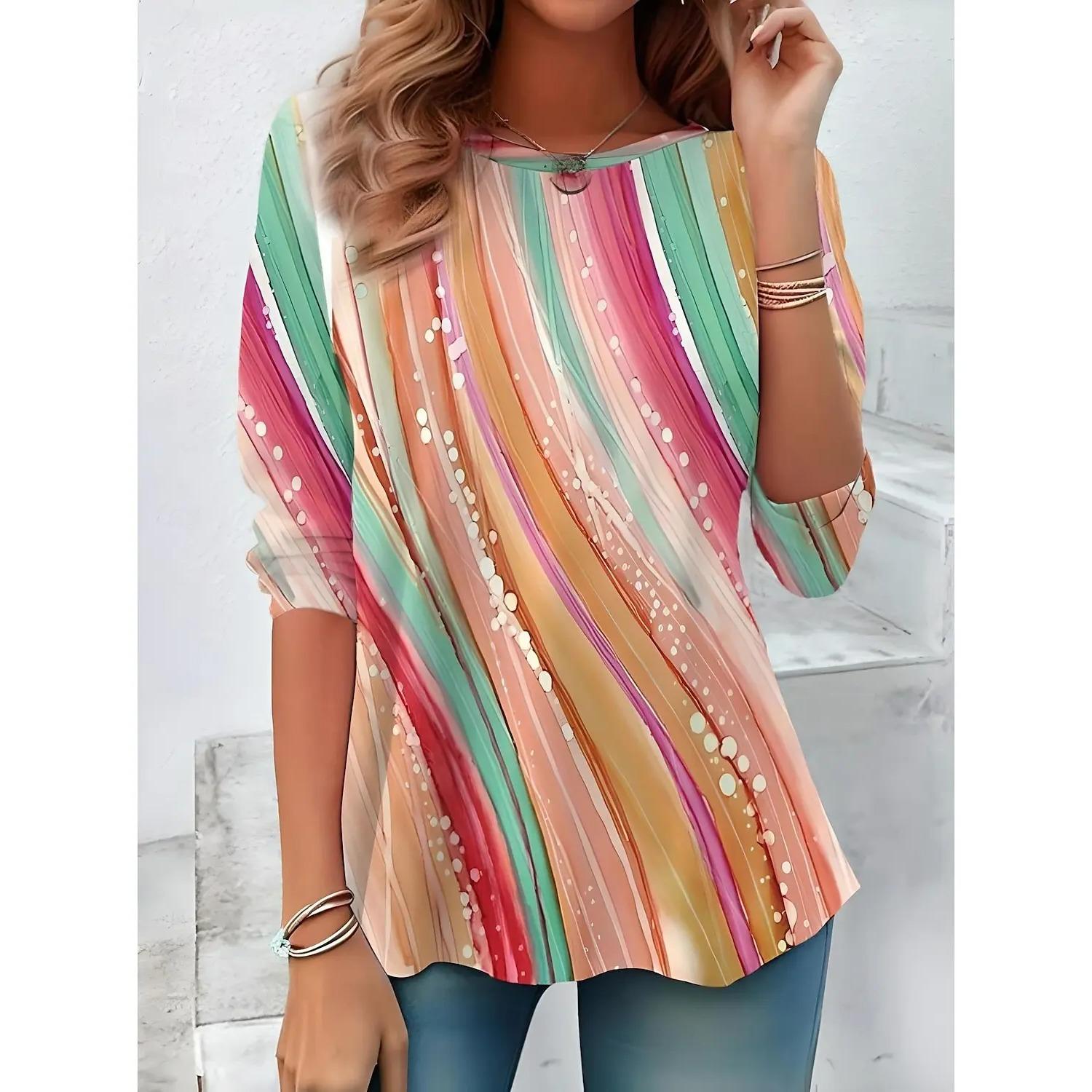 

Spring and Autumn Round Neck Geometric Graphic 3D Printed Top Fashionable Casual Long Sleeved Women s T-shirts 4XL