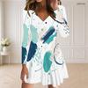 Women Plus Size V Neck Long Sleeve Abstract Leaf Print Curved Hem Casual Dress