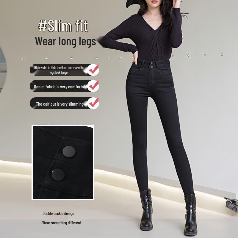 Plus Size High Waist Slim Fit Elastic Denim Pants with Zippers and Double Buttons for Women
