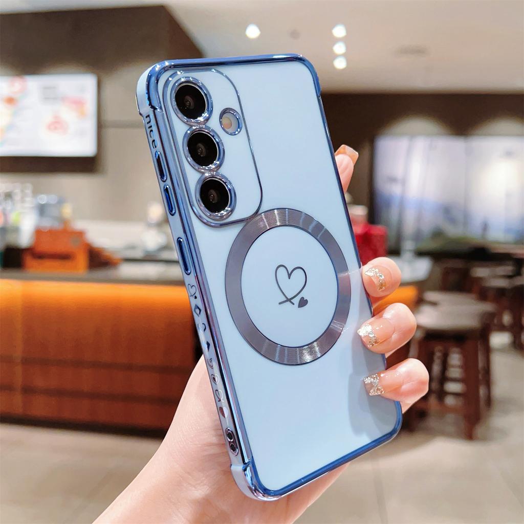 For Samsung Galaxy S23 FE Case Compatible with MagSafe Electroplated TPU Phone Cover Hollow Love Hearts