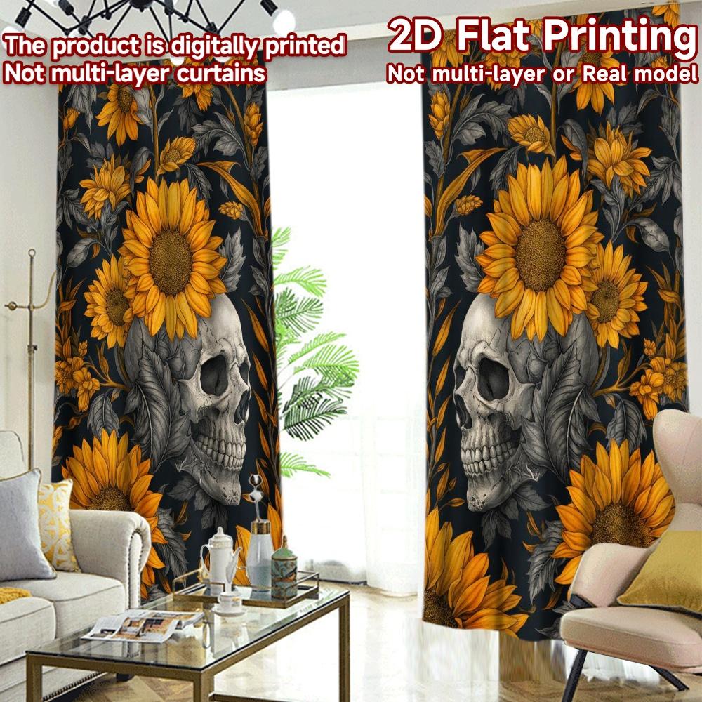 2D FLAT PRINTING 2pcs Curtains (Without Rod) Halloween Skulls with Sunflowers Popular Creative Curtains 100% Polyester Curtains