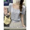 Bow Lace Knitted Sweater Short Sleeve Women's Summer Niche Square Neck Button Bottom T-Shirt Small Short Top