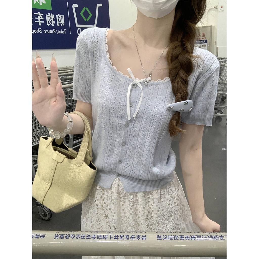 Bow Lace Knitted Sweater Short Sleeve Women's Summer Niche Square Neck Button Bottom T-Shirt Small Short Top