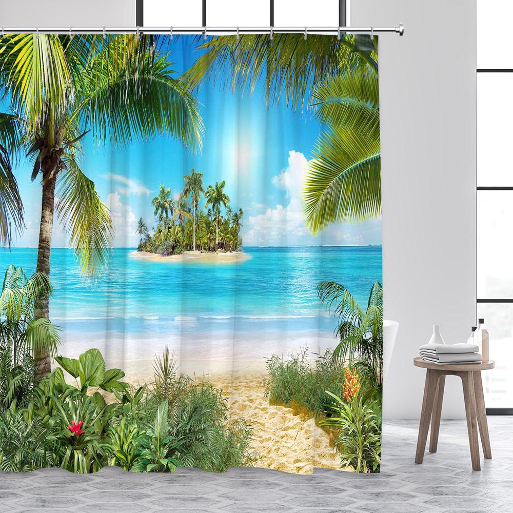 Strand Duschvorhänge Blaues Meer Insel Kokospalmen Tropisch Hawaii Natur Landschaft Badezimmervorhang Dekor mit Haken