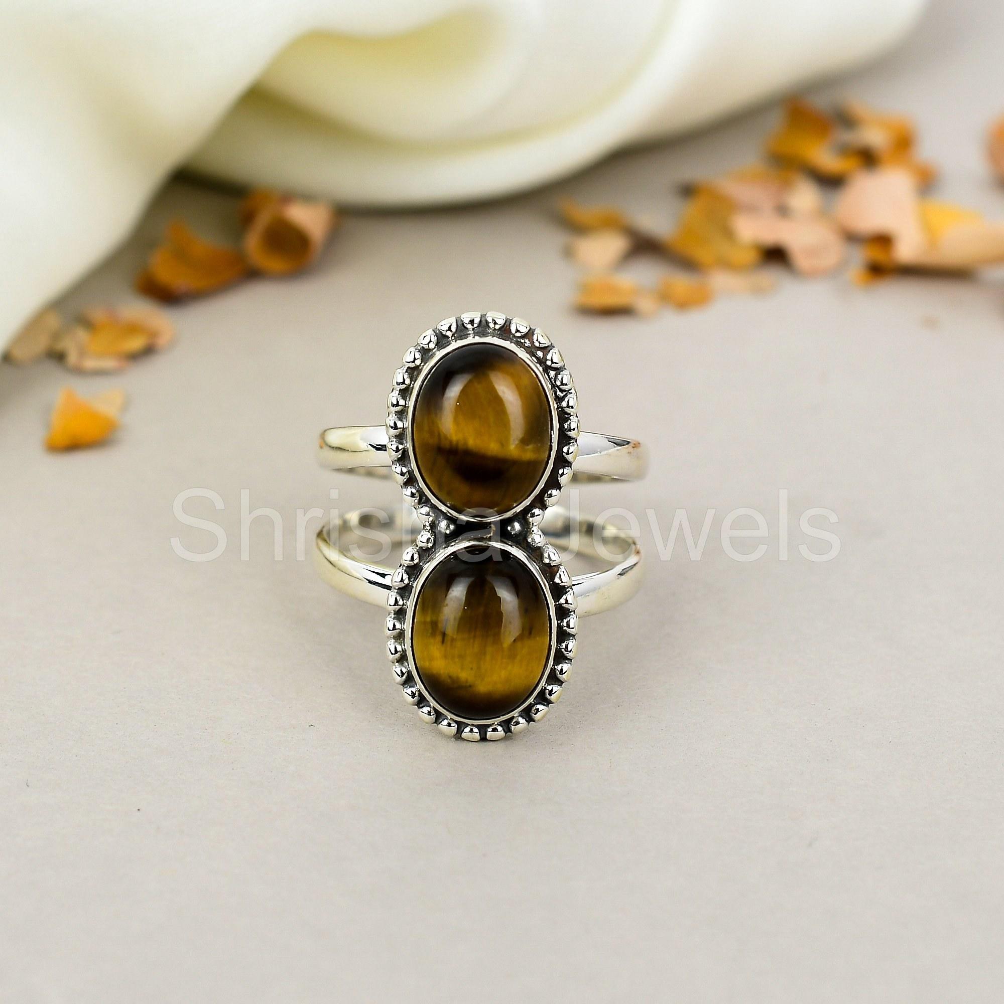 

925 Sterling Silver Brown Tiger Eye Oval Shape Green Gemstone Ring For Women 5
