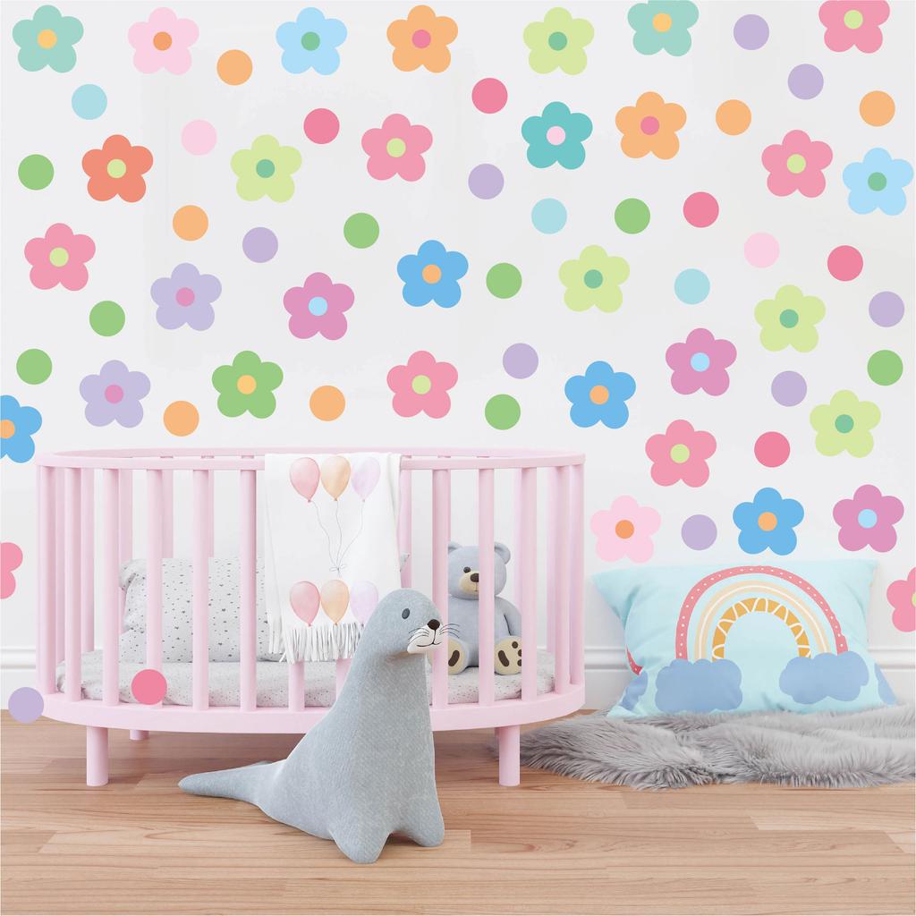 Cartoon Flower Wall Stickers Polka Dots Beautiful Home Living Room Self-adhesive PVC Decoration Kindergarten Children's Room Wall Stickers