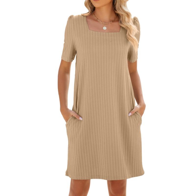 

Женское летнее платье с квадратным воротником и короткими рукавами, однотонное платье с карманами XXL хаки