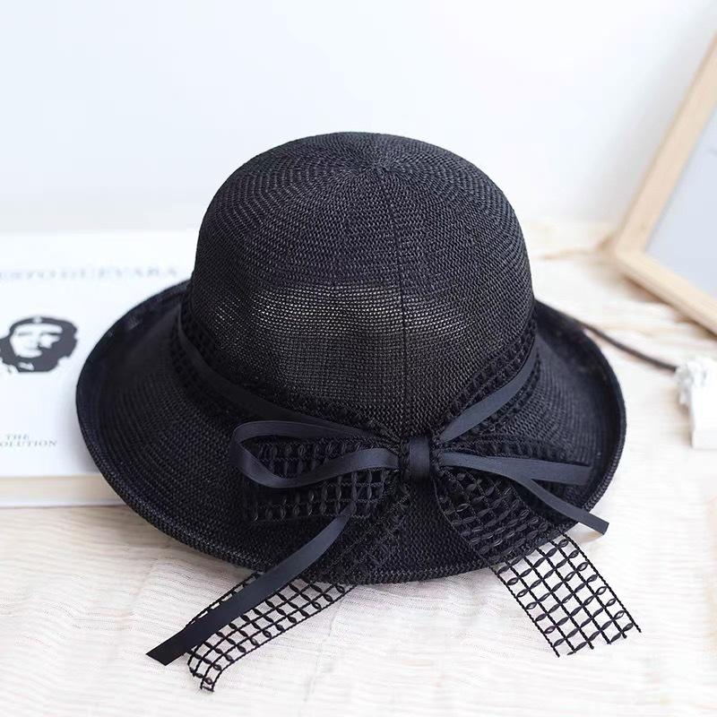 Retro elegant bow ribbon crimped basin hat dome top hat shading breathable fisherman straw hat women's summer