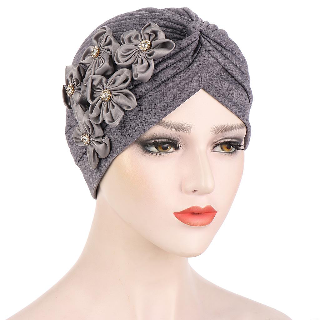 Women Flowers Ruffle Turban Caps Muslim Elastic Pearls Headscarf Bonnet Ladies Hair Accessories Indian Cap Turbante Mujer