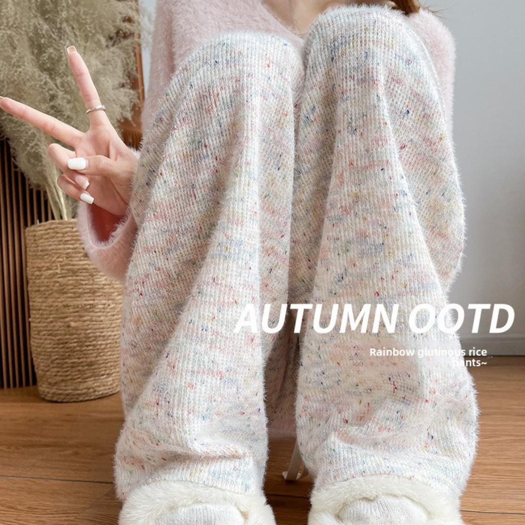 Dámské kalhoty s širokými nohavicemi s duhovými puntíky na podzim a zimu, kalhoty z lepkavé rýže s vysokým pasem a splývavým efektem, ležérní rovné trubkové silné vlněné kalhoty