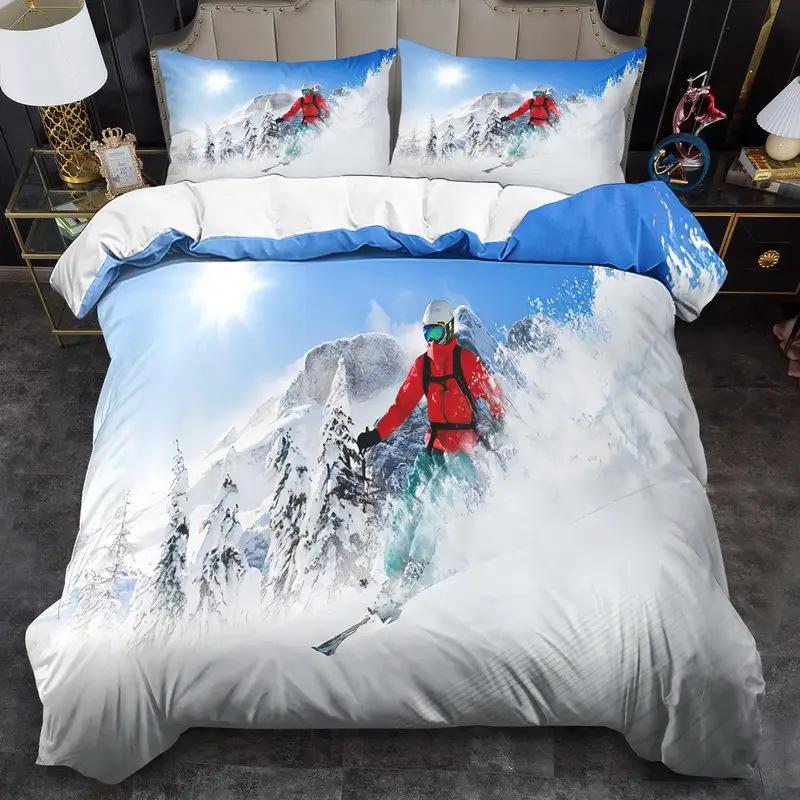 Ski Duvet Set Extreme Sports Themed Bedding Set Adult Youth Snow Mountain Printing Three-Piece Set