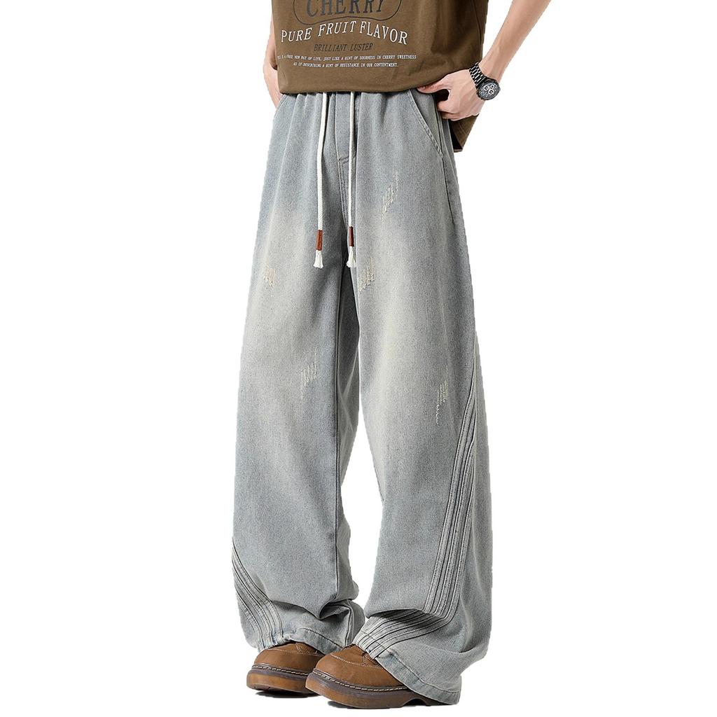 Striped splicing old jeans men's autumn American street washed scimitar wide-leg pants retro loose straight trousers