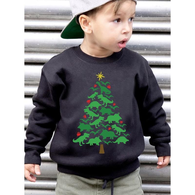 European Size‘CHRISTMAS' Unisexs' Autumn And Winter Fashion Fleece Round Neck Pullover Sweatshirt Featuring a 'Christmas Tree Made of Dinosaurs' Print
