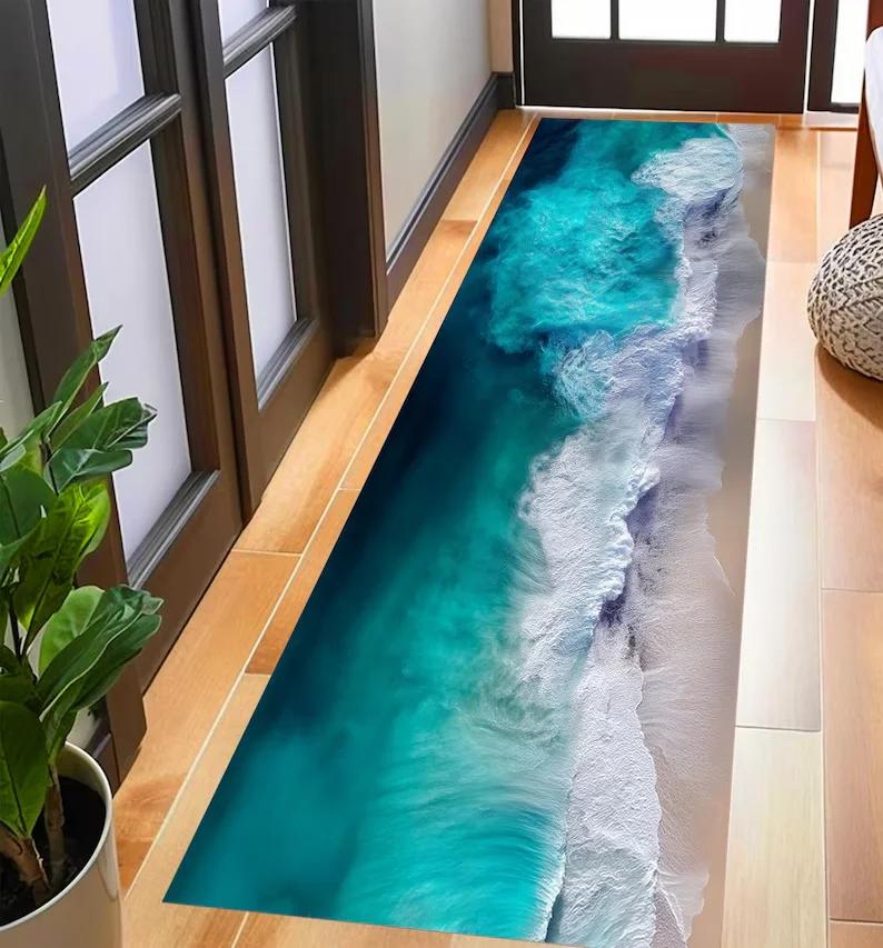 3D Ocean Scene Corridor Carpet Beach Wave Design Ultra Soft Washable Non Slip Stain Resistant Mat for Hallway Bedroom Home Decor