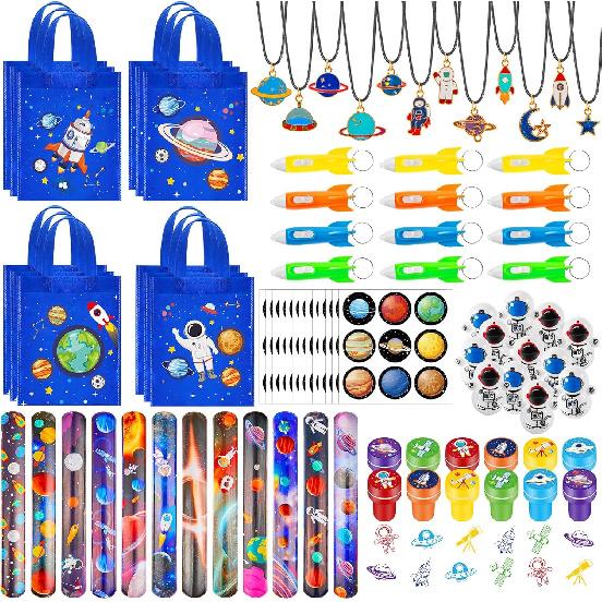 Ctosree 192 Pcs Space Theme Party Favors, Non Woven Bags with Handle, Slap Bracelets, Space Tumbler, Stampers, Necklace, Stickers, Helicopter