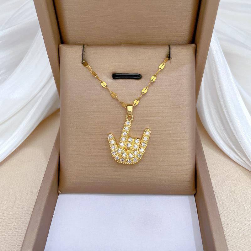 Finger 666 Light Luxury Temperament Gorgeous Full Diamond Necklace Women'S Versatile Collarbone Chain Titanium Steel Chain