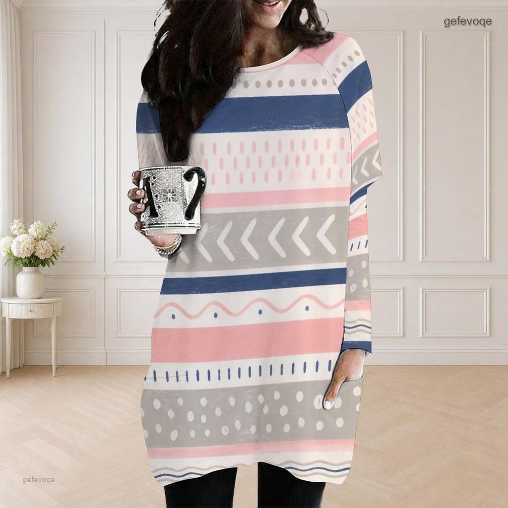 Women Plus Size Round Neck Long Sleeve Geometric Printed Loose Longline Top With Pockets