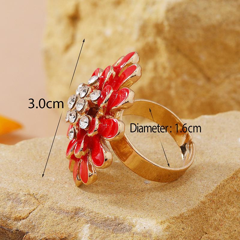 Fashionable Retro Drip Oil Daisy Flower Ring, New Style, Trendy, Diamond Set, Adjustable Opening Ring