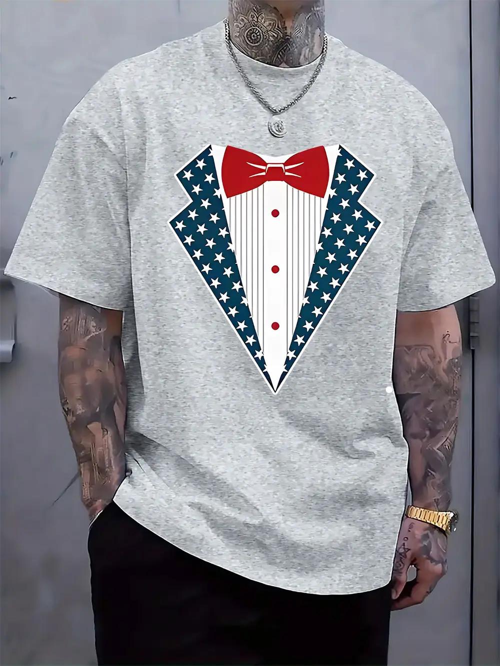 Round Neck Short Sleeve T-shirt with American Style Dress Pattern Print S