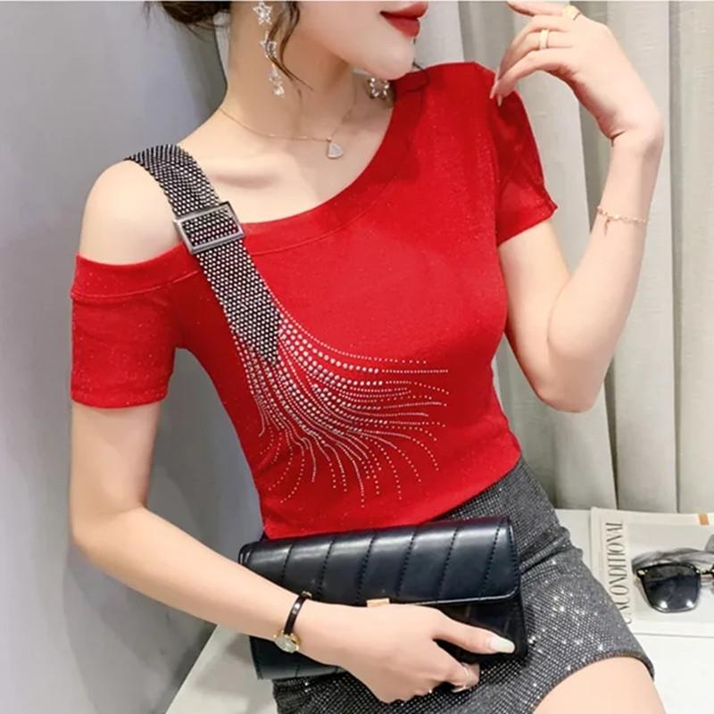 Summer Fashion European Female Clothes T-Shirt Sexy Off Shoulder Shiny Diamonds Mesh Women Tops All Match Tees Blouse