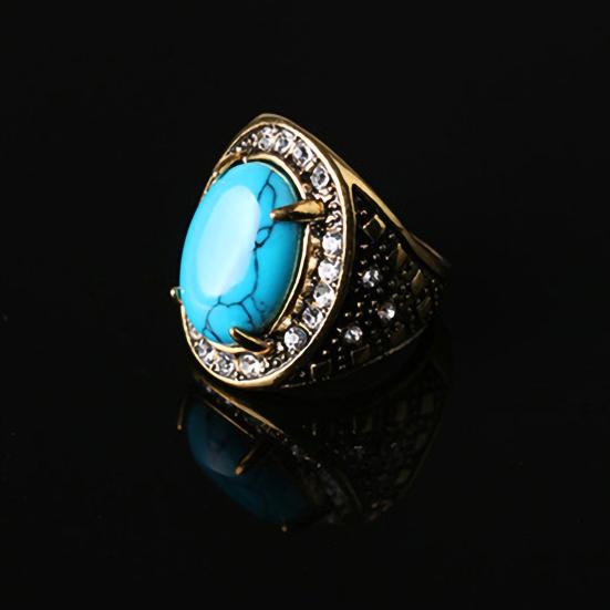Unisex Turquoise Inlaid Ring Men Women Rhinestone Retro Ring Jewelry for Party