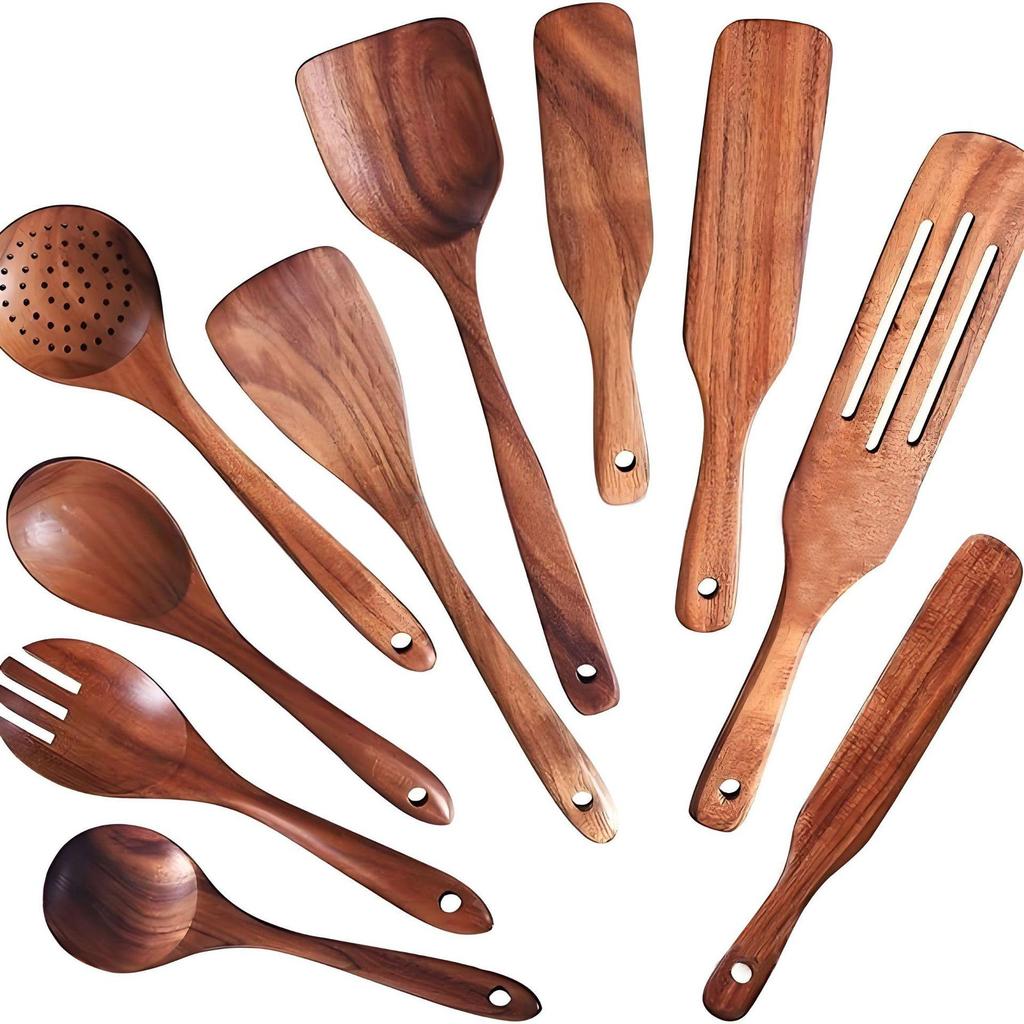 Teak Non-Stick Long-Handle Solid Wood Pan and Acacia Wood Kitchenware Set