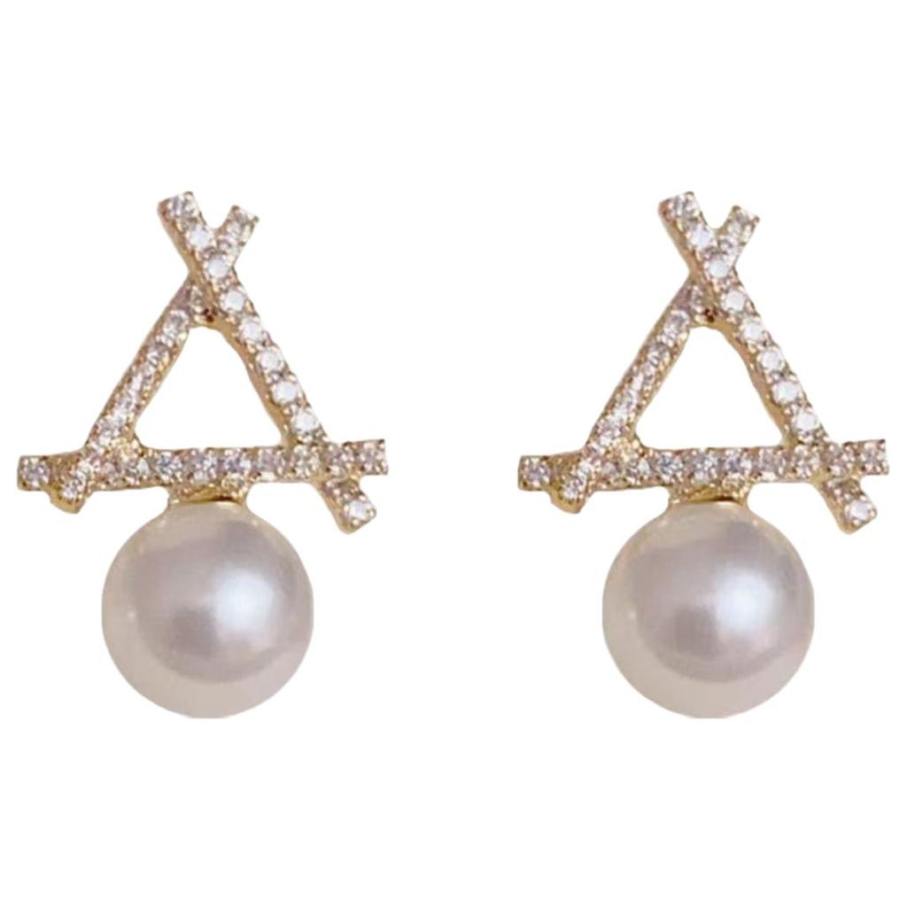 Chic Rhinestone Cross Triangle Pearl Stud Earrings - Elegant Geometric Jewelry for Women