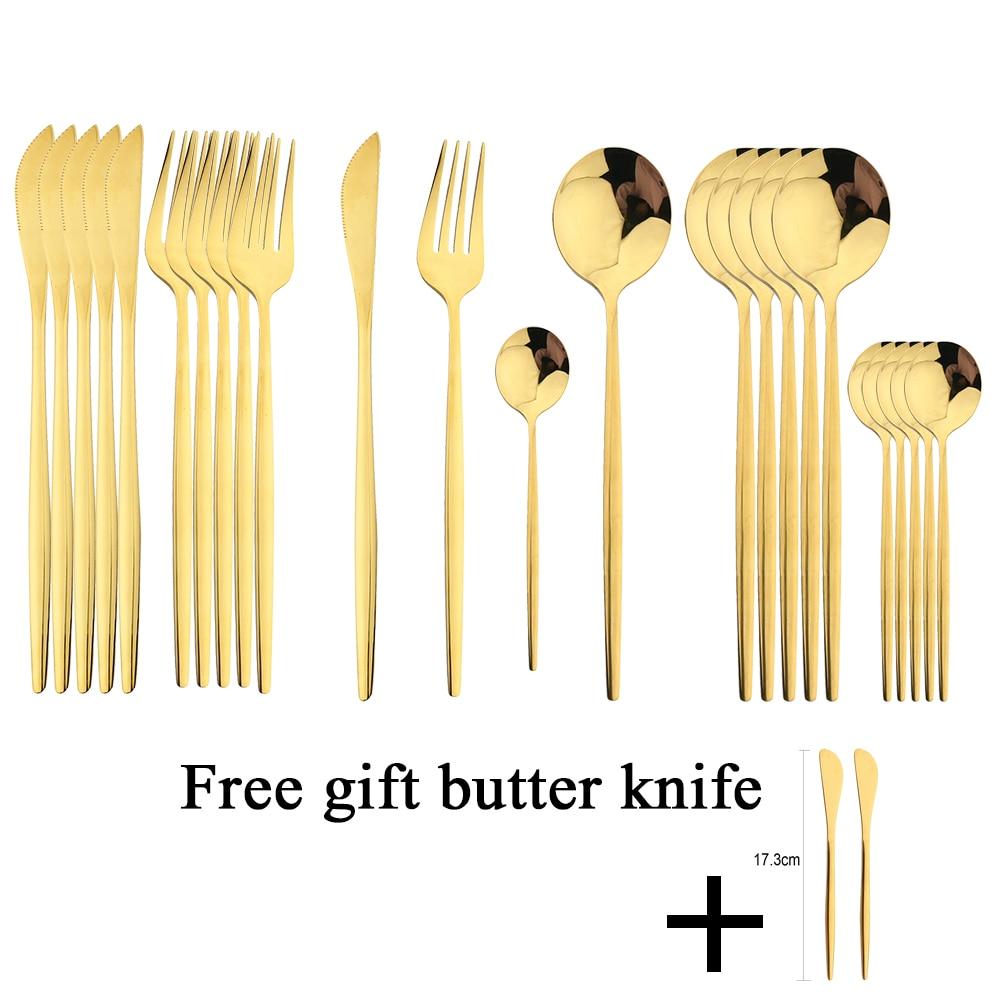 24Pcs Black Gold Dinnerware Set Stainless Steel Fork Spoon Knife Dinner Tableware With Butter Cheese Knife Basic Cutlery Set Kitchen