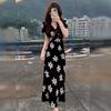 Large size French temperament Royal sister style black floral V-neck dress summer new slim-fitting belly long skirt