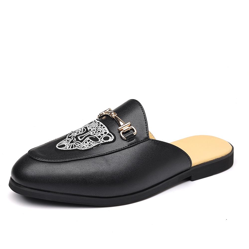 

Fashion metal buckle casual slippers large size leopard head breathable half-drag leather shoes foreign trade men s shoes 47 38