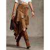 Women's faux suede vintage style irregular ruffle midi skirt with waist tie and tassel decoration
