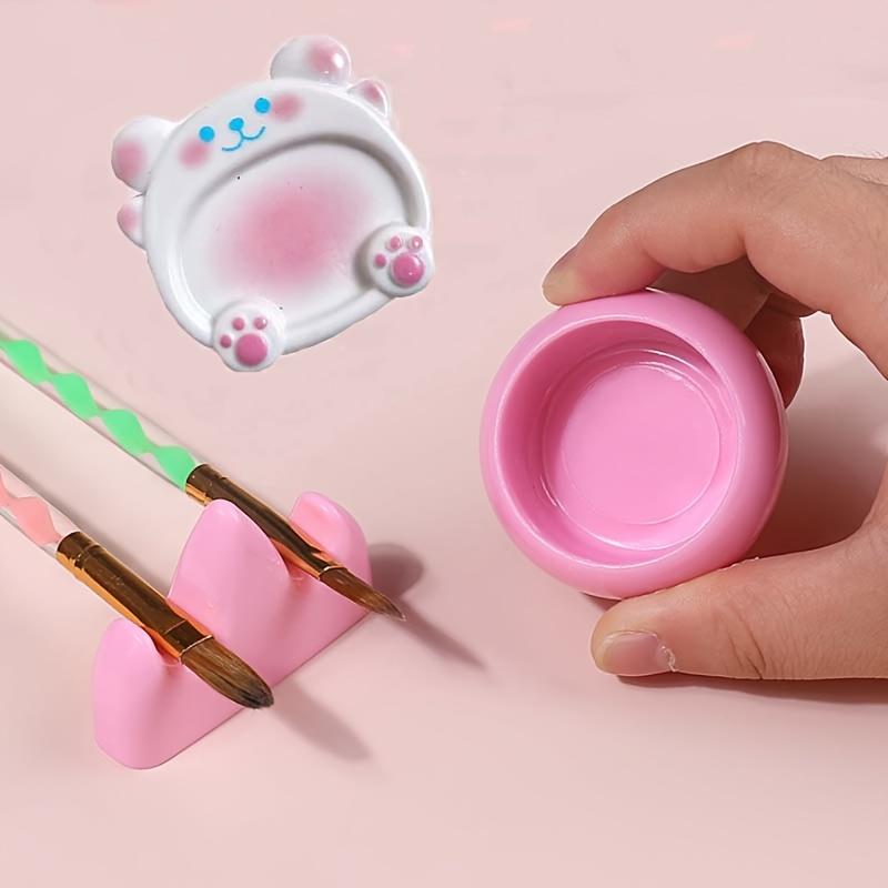 3 Piece Acrylic Manicure Brush Holder Set with Nail Polish Cleaning Cup and Gel Blending Palette, Cute Pink and Blue Gel Blending Palette