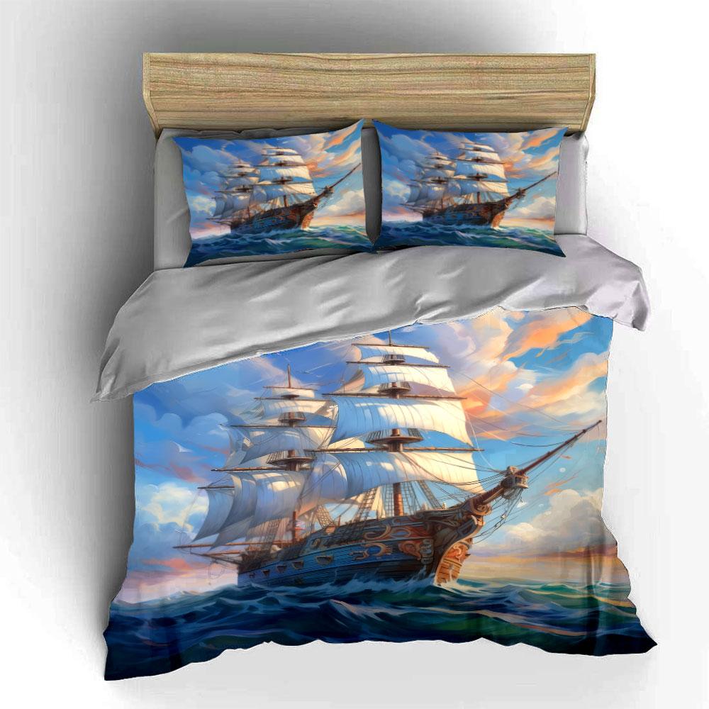 "Ocean Sailing Ship Art Set" Bedding Set with 1 Duvet Cover 2 Pillowcases Single Double King Queen, Gift