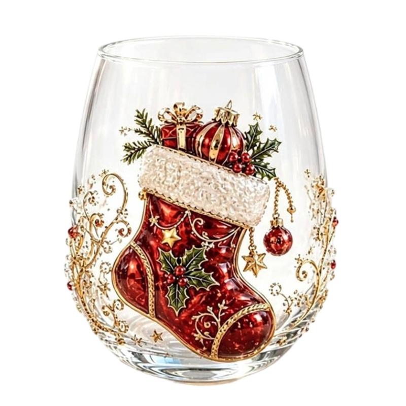 Holiday Beverage Cup, Clear Stemless Christmas Glass with Gold Detail for Table Service and Seasonal Hosting Use