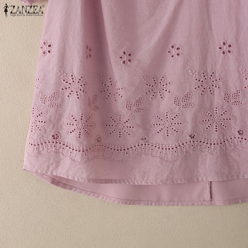 ZANZEA Women Casual Round Neck Short Sleeve Loose Patchwork Crochet Blouse