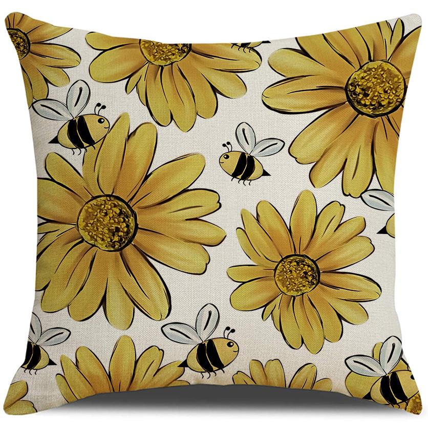 New Sunflower Pillow Cover Linen Print Summer Bee Pillow Cover Living Room Sofa Cushion Cover