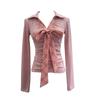 Spicy Girl V-Neck Bow Tie Lace-Up Long Sleeve Slim Pleated Top
