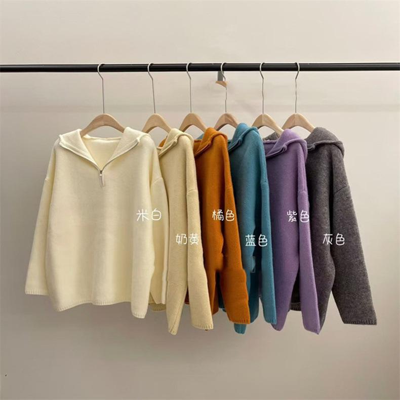 Lazy Wind Hooded Half Zipper Pullover Sweater Women's Autumn and Winter New Loose Versatile Knitted Sweater Top