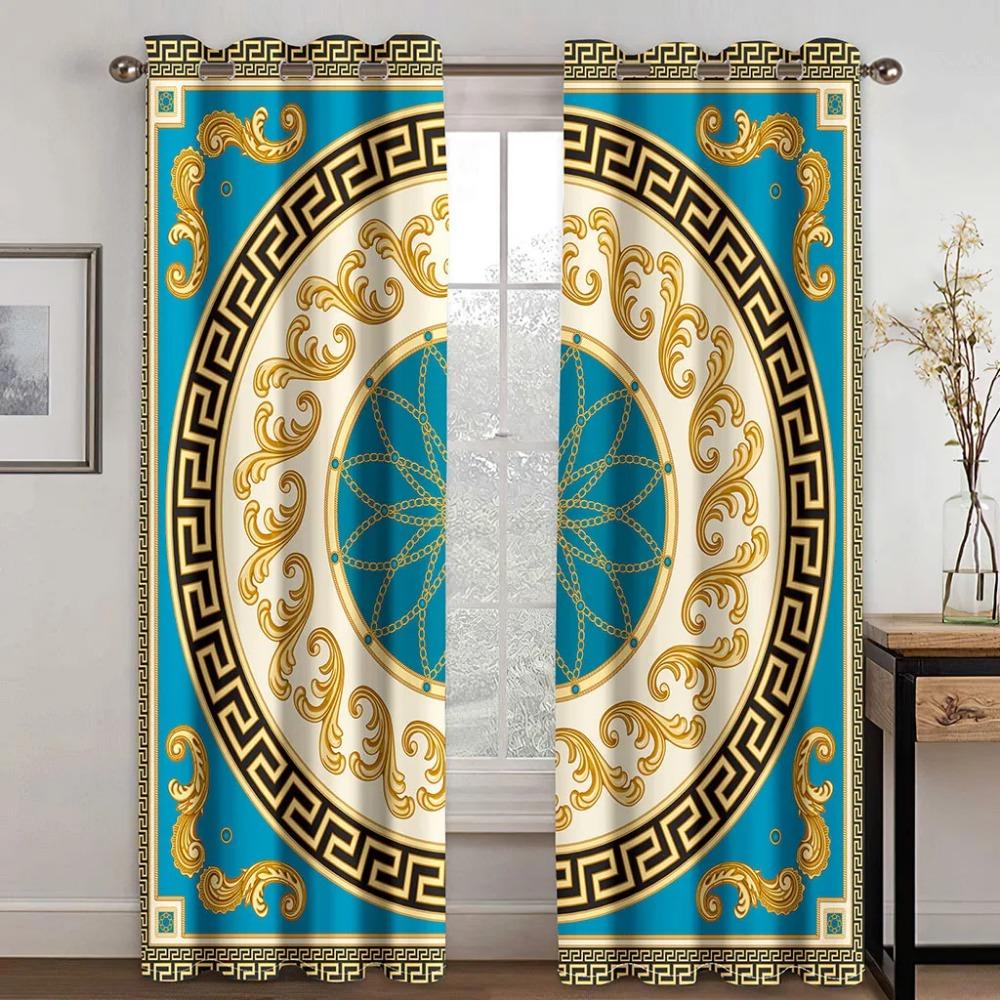 Luxuriöse Vorhänge aus Polyester mit abstraktem Barock-Druck in Gold für Schlafzimmer, Büro, Küche, Wohnzimmer, Fensterbehandlung, Heimdekoration, 2 Stück