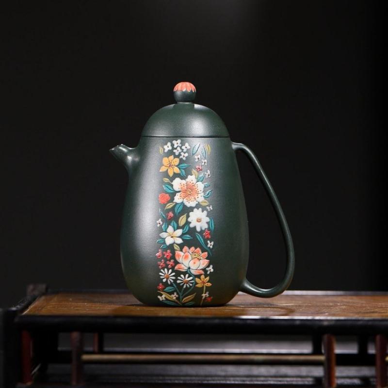 

200ml Dark Green Purple Clay Teapot Hand Drawn Bustling High Dragon Egg Teapot Chinese Style Tea Pot Home Kung Fu Tea Set
