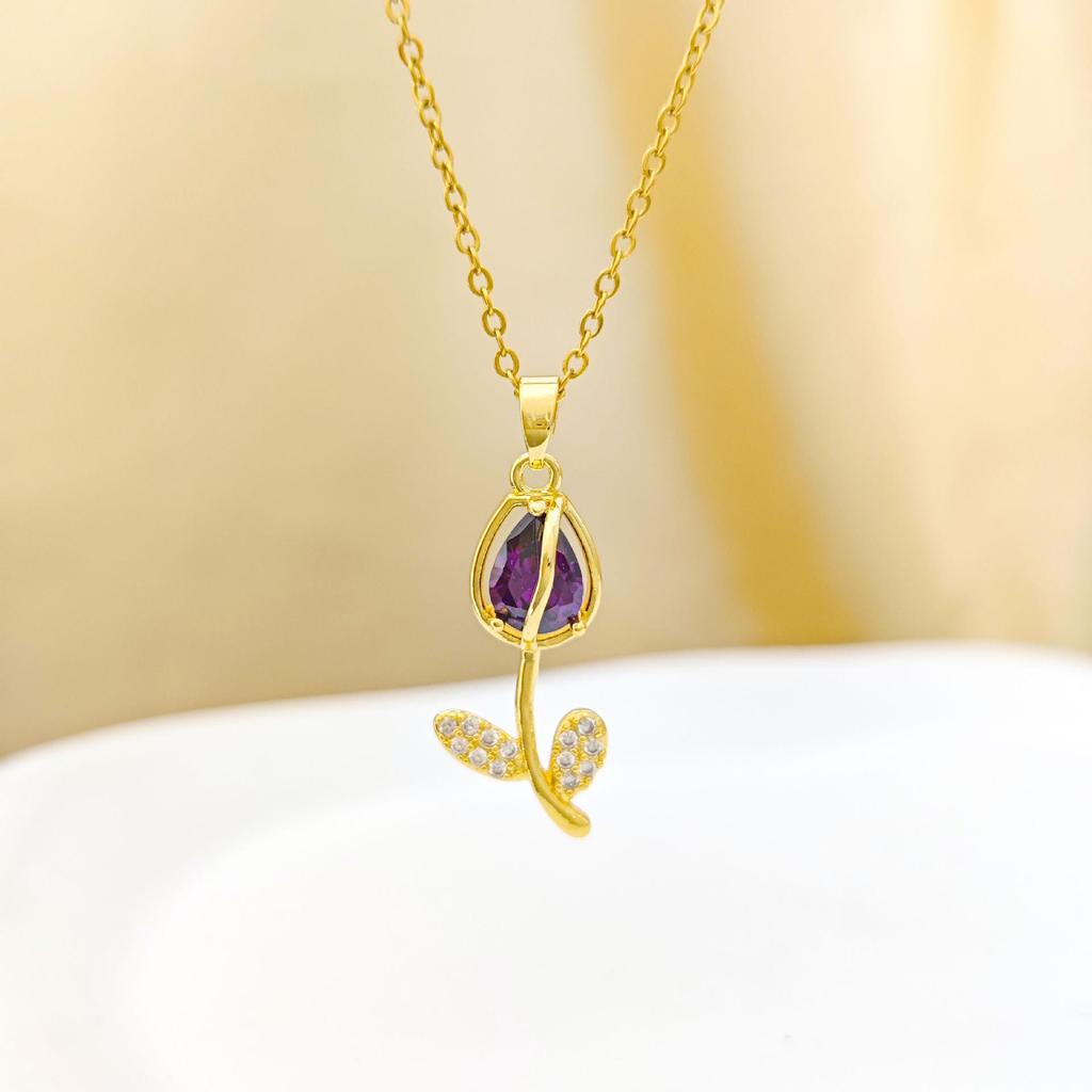 Copper Zirconia Tulip Pendant Necklace - Light Luxury Women's Clavicle Chain